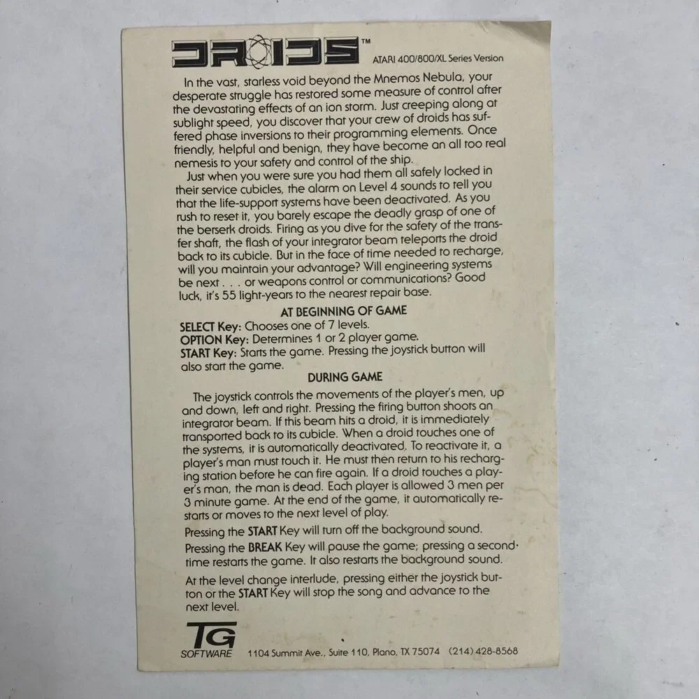 DROIDS Game -TG Software- Atari 400 800 1200 -Complete W/ Cart Box Manual CIB